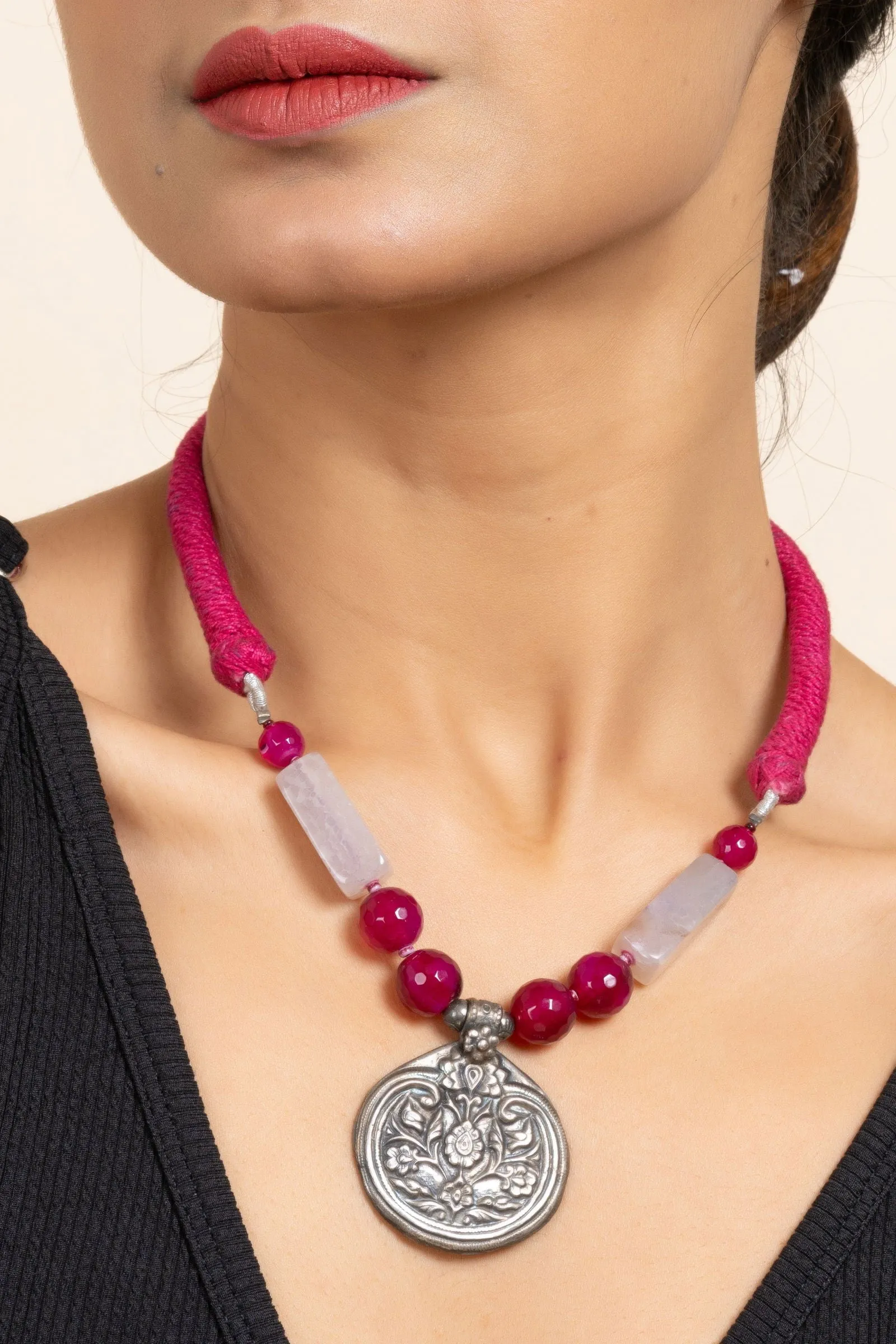 Handcrafted Silver Jewelry: 92.5 Pure Silver Floral Pendant Necklace with Pink Onyx & Purple Agate