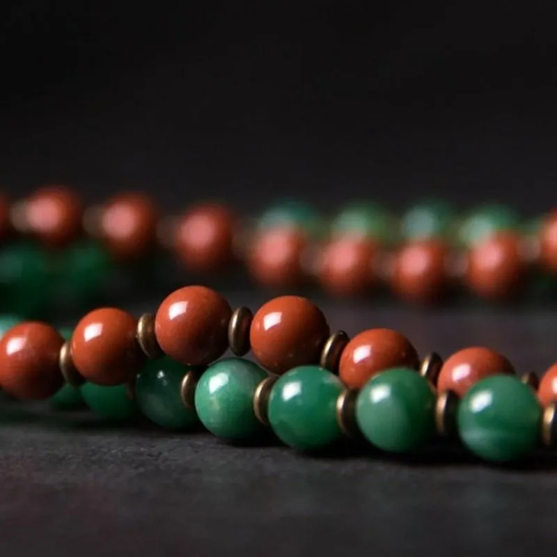 Handmade Africa Green & Red Jade Beaded Bracelet with Copper Sheath