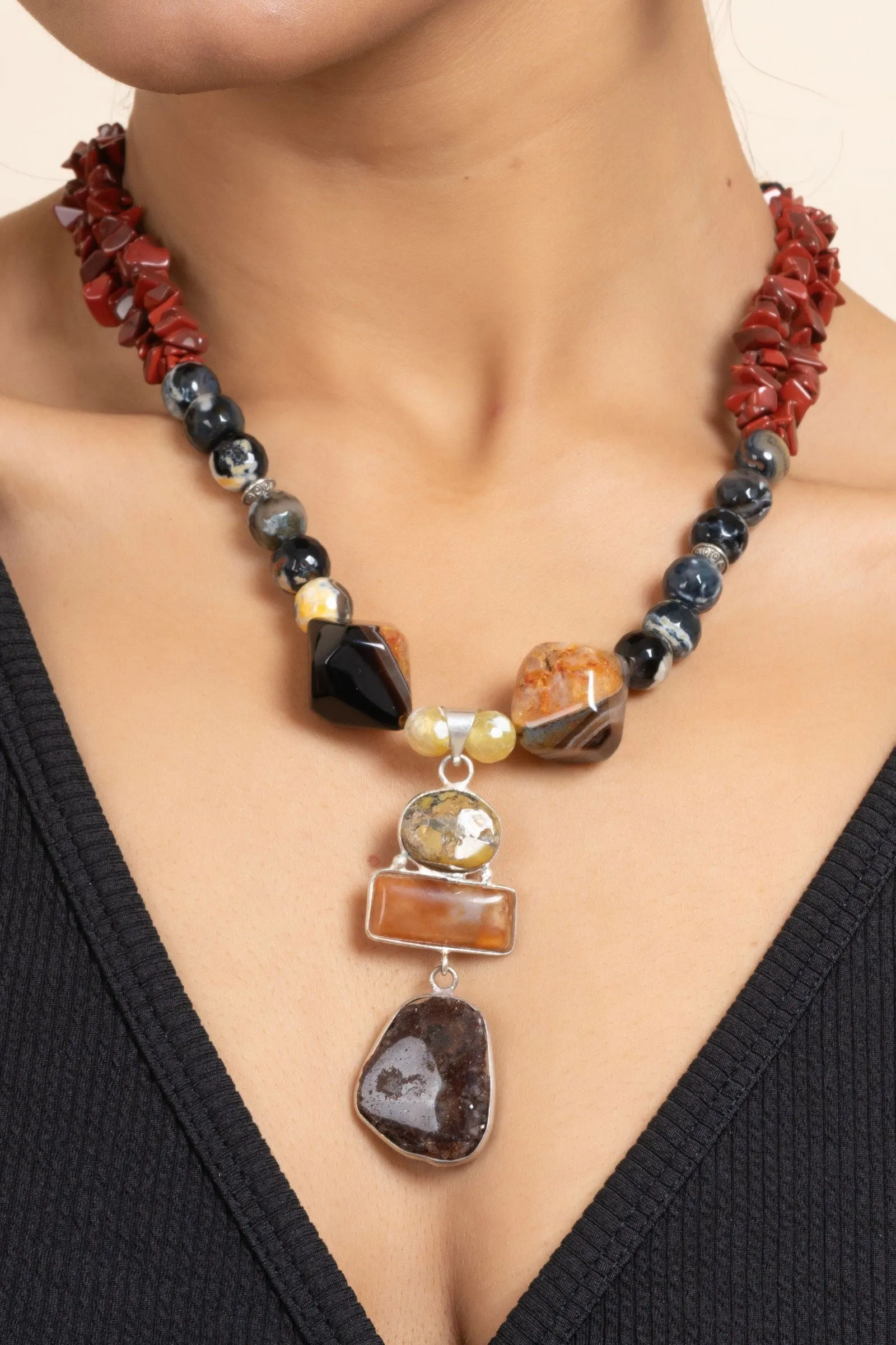 Handmade Black Brown Semi-Precious Stone Jewelry Set with Agate Onyx Chips Necklace and Earrings