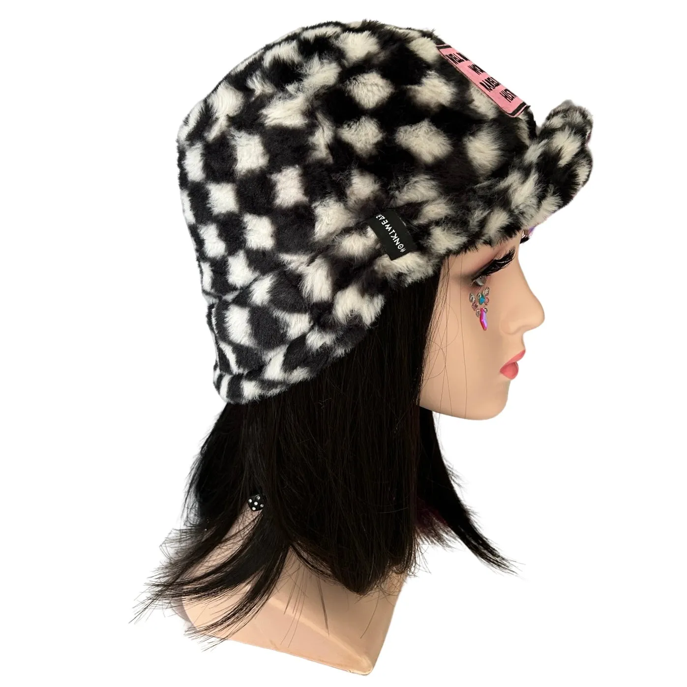 Handmade chequered black and white furry bucket hat - Well behaved women