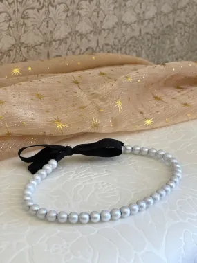 Handmade Historically Inspired Pearl Beaded Ribbon Choker Necklace in Black Satin