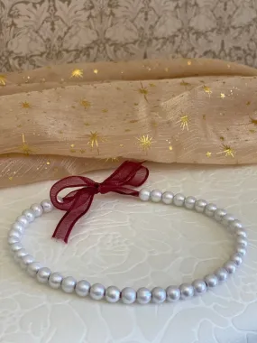 Handmade Historically Inspired Pearl Beaded Ribbon Choker Necklace in Burgundy