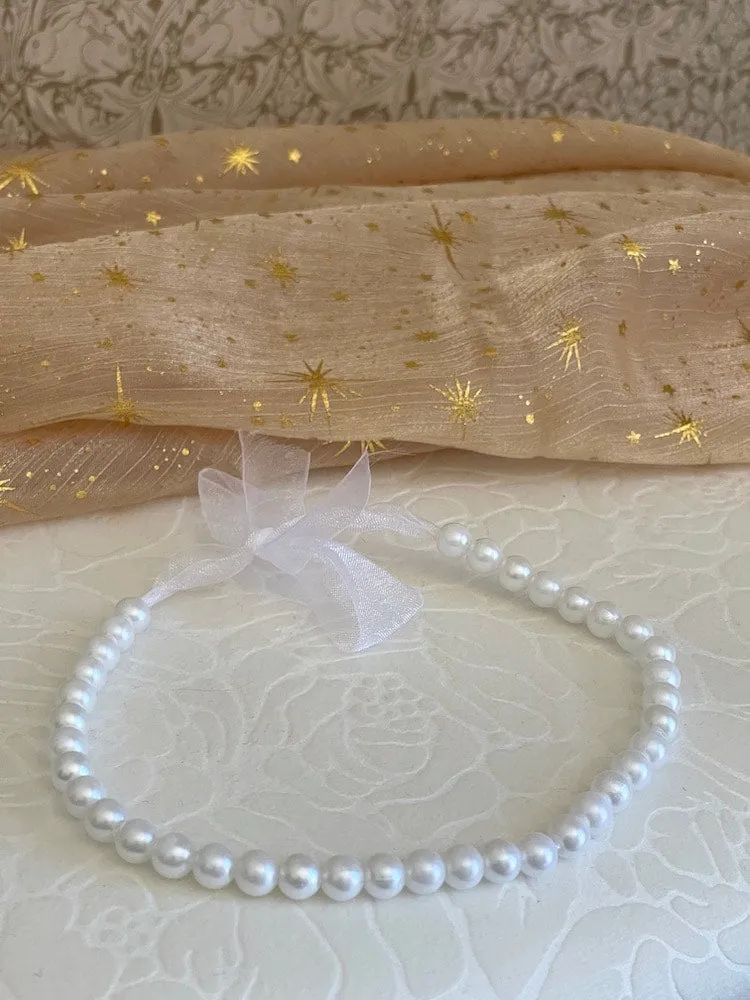 Handmade Historically Inspired Pearl Beaded Ribbon Choker Necklace in White