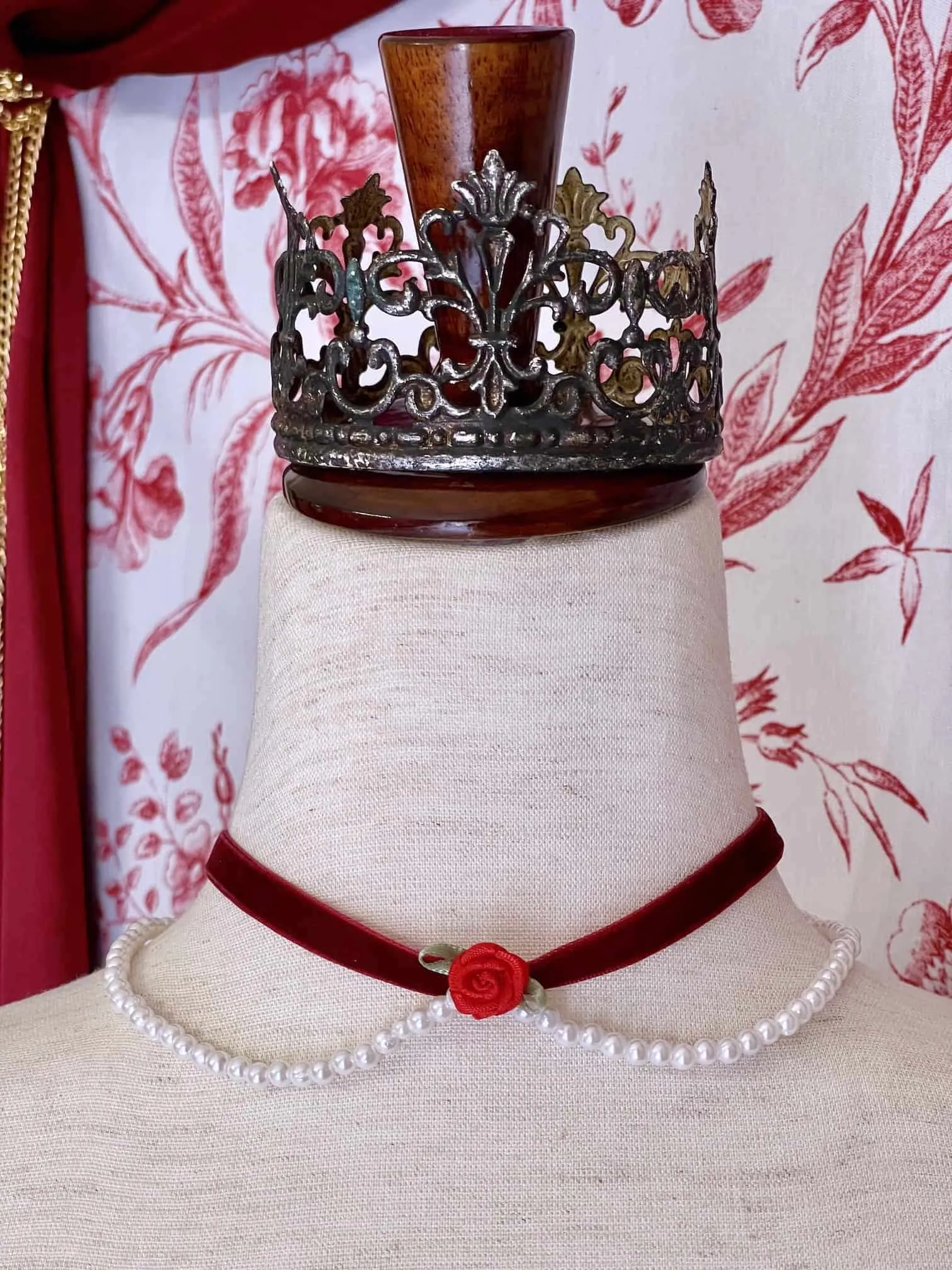 Handmade Historically Inspired Velvet Ribbon Pearl Choker Necklace in Burgundy