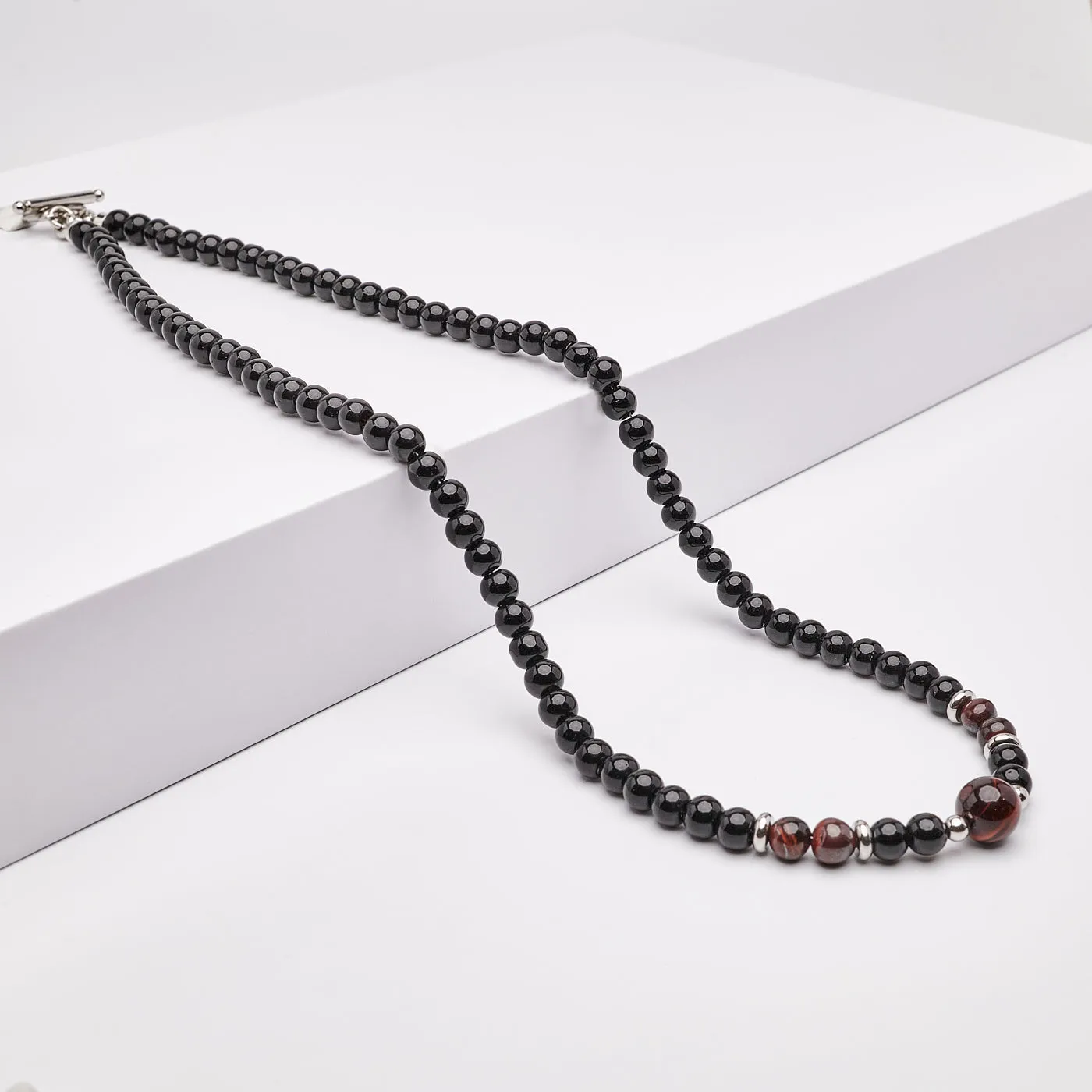 Handmade Men's Beaded Necklace | Natural Black Onyx  and Red Tiger's Eye Gemstone Necklace for Men