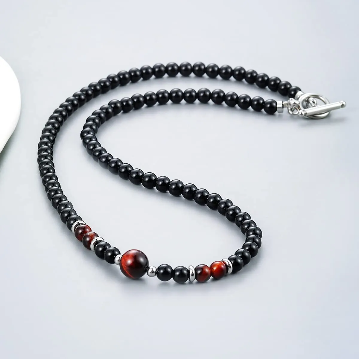 Handmade Men's Beaded Necklace | Natural Black Onyx  and Red Tiger's Eye Gemstone Necklace for Men