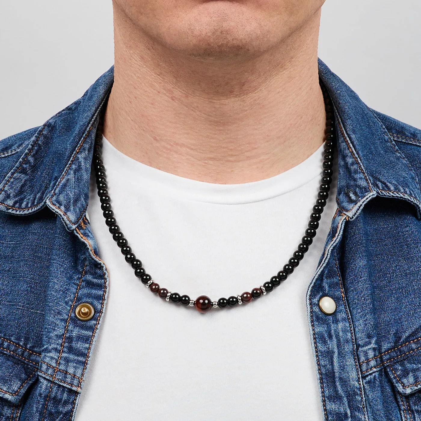 Handmade Men's Beaded Necklace | Natural Black Onyx  and Red Tiger's Eye Gemstone Necklace for Men