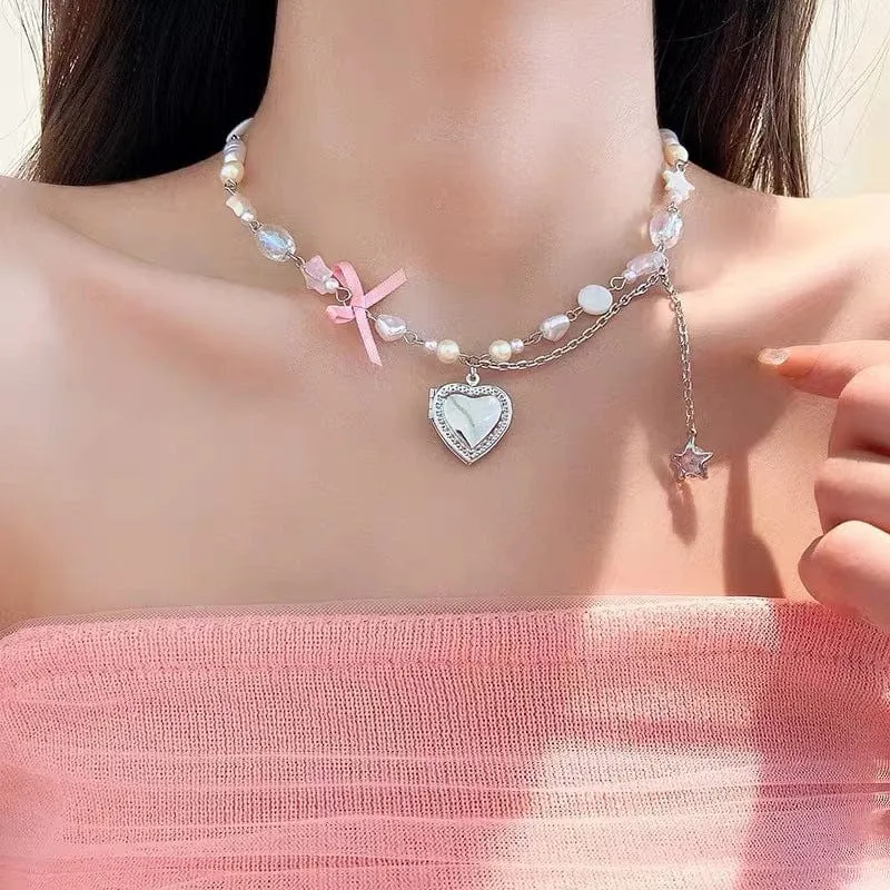 Heart Pendant Crystal Star Pearl Chain Choker Necklace