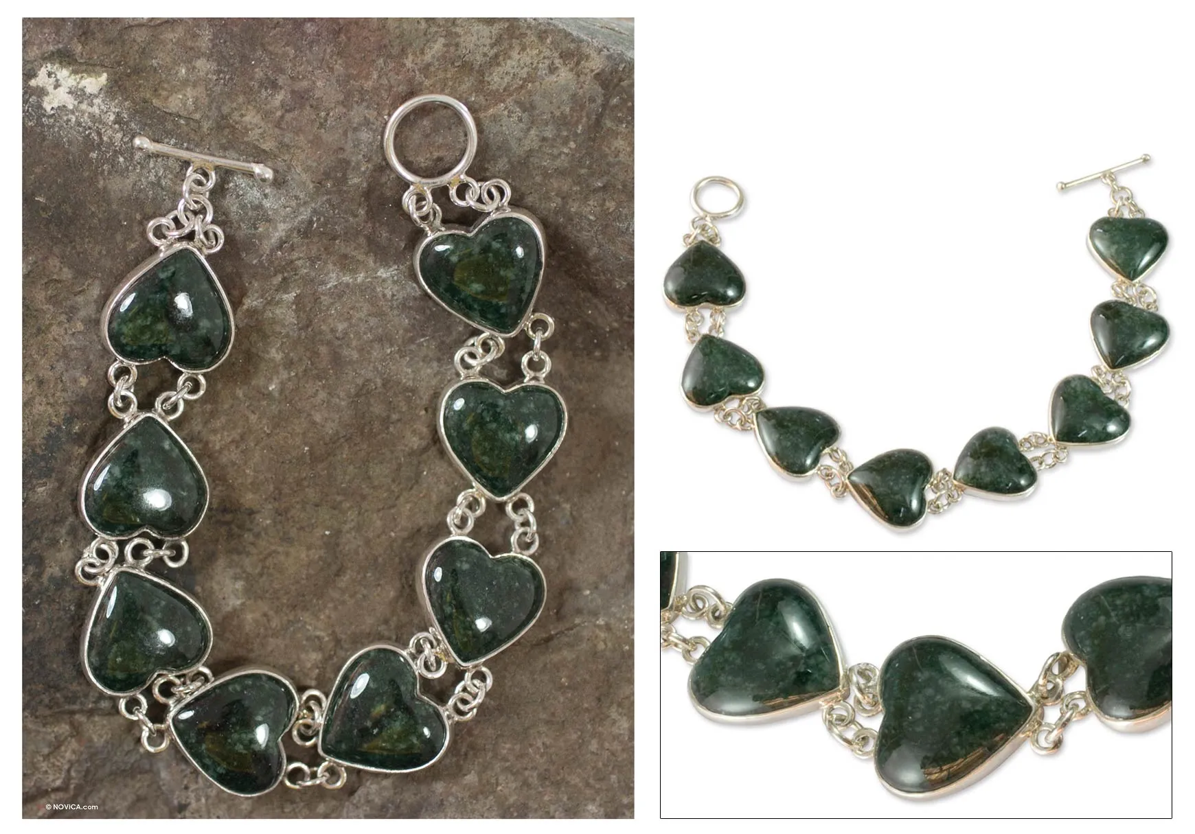 Heart Shaped Jade Sterling Silver Link Bracelet - Love Immemorial | NOVICA