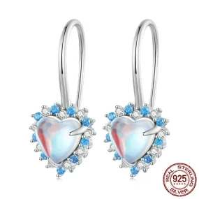 Heart-shaped Rainbow Moonstone with Blue White zircons Pendant Ear Hoop