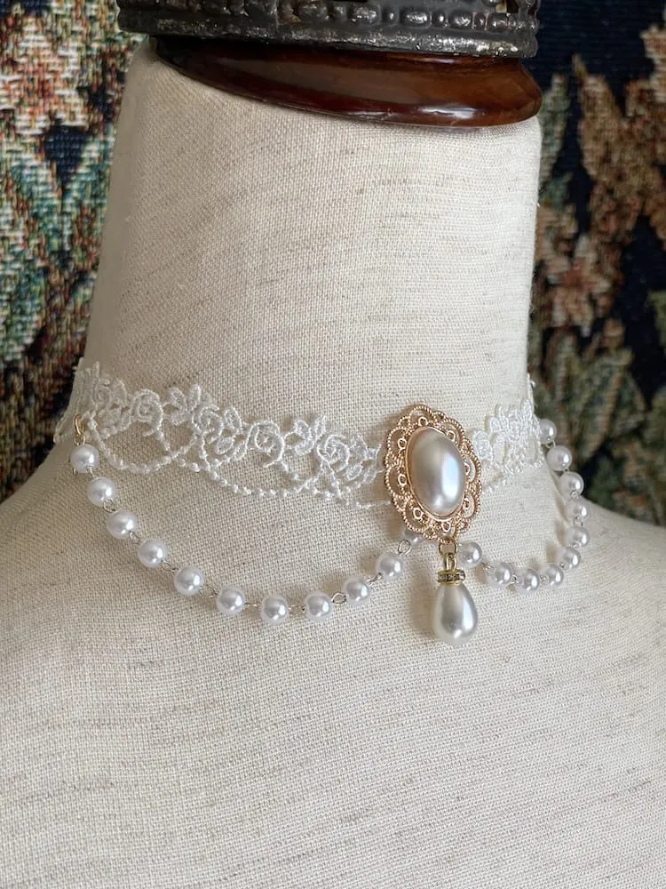 Historically Inspired Rococo & Regency Pearl Lace Choker Necklace