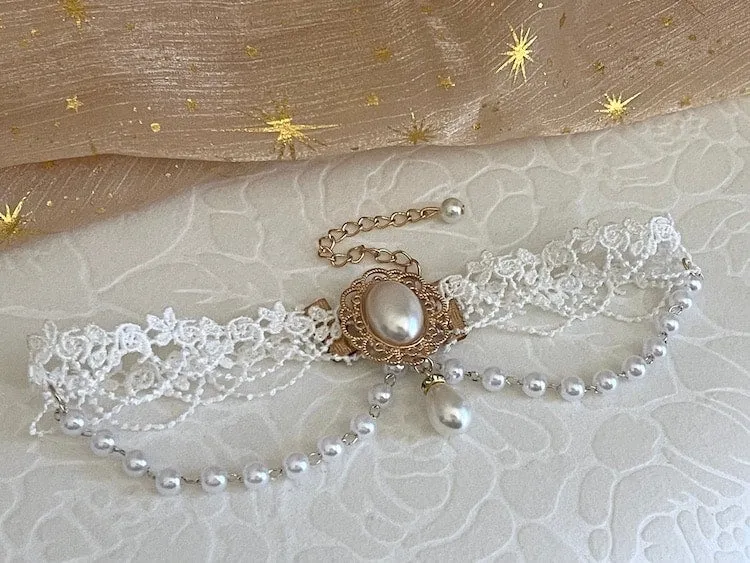 Historically Inspired Rococo & Regency Pearl Lace Choker Necklace