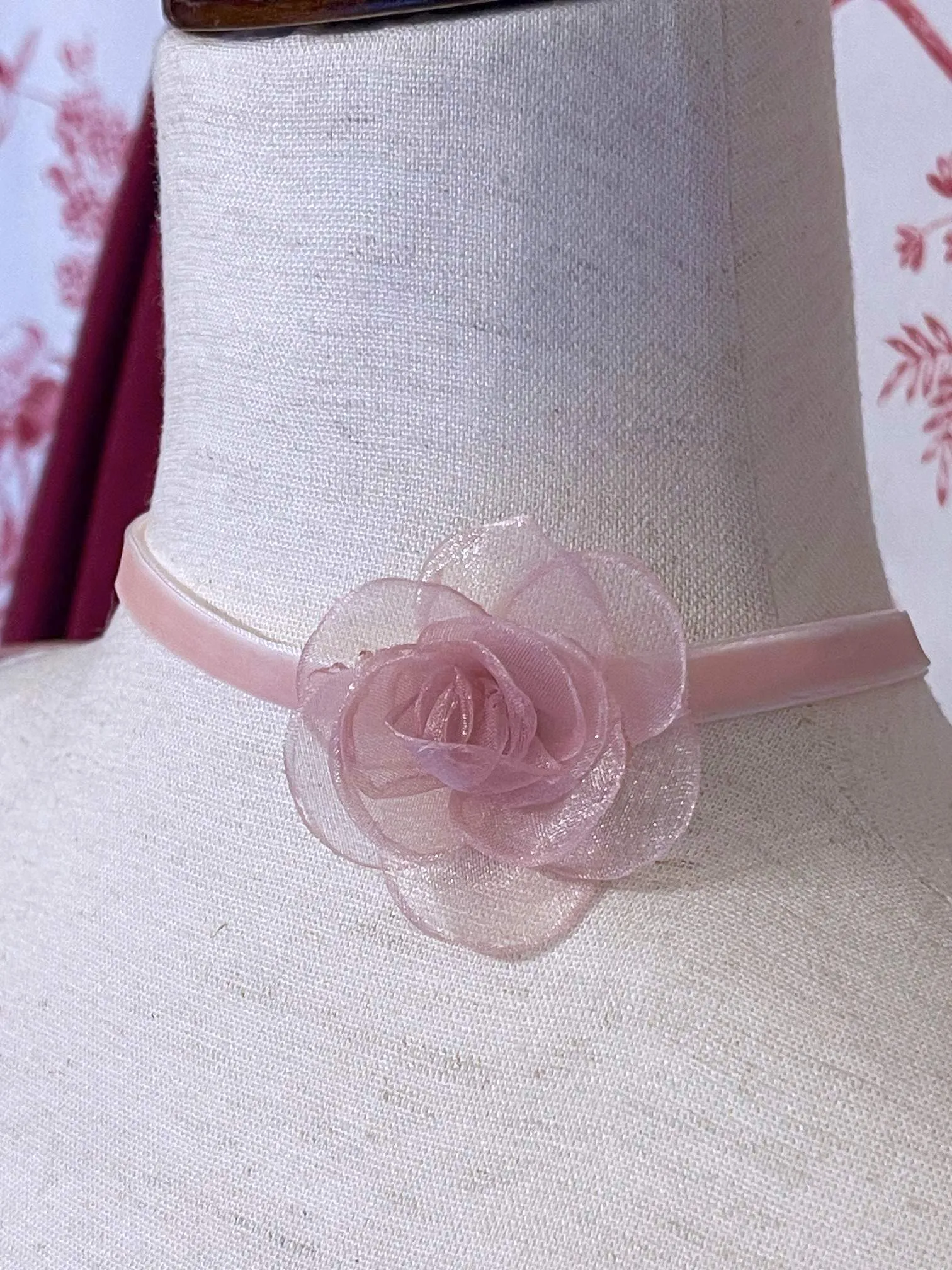 Historically Inspired Velvet Ribbon Rosette Choker Necklace in Ballerina Pink