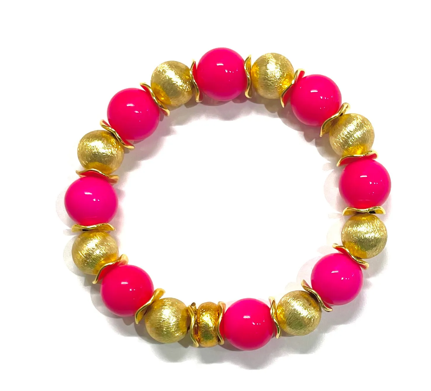 Hot Pink Czech Druks and Brushed Gold Vermeil Beaded Bracelet