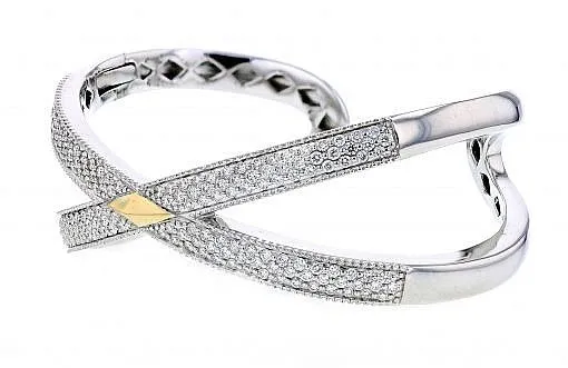 Italian sterling silver bangle bracelet with 2.57ct diamonds and solid 14K yellow gold accents