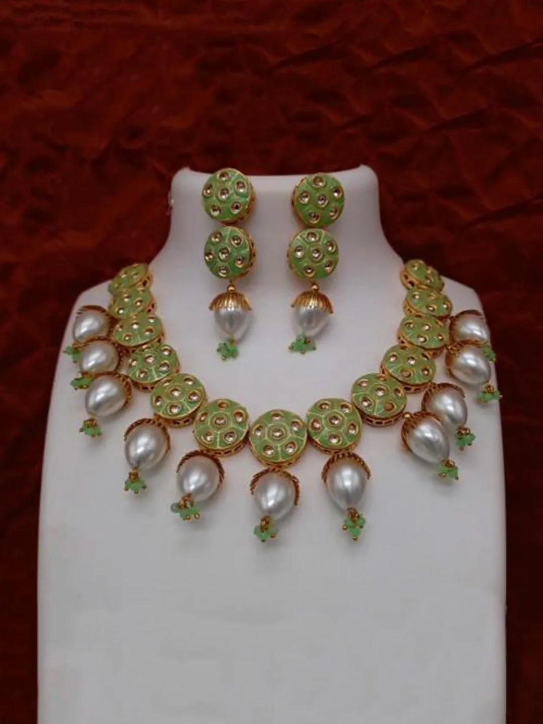 Jadau Meena Pearls Necklace And Earring Set