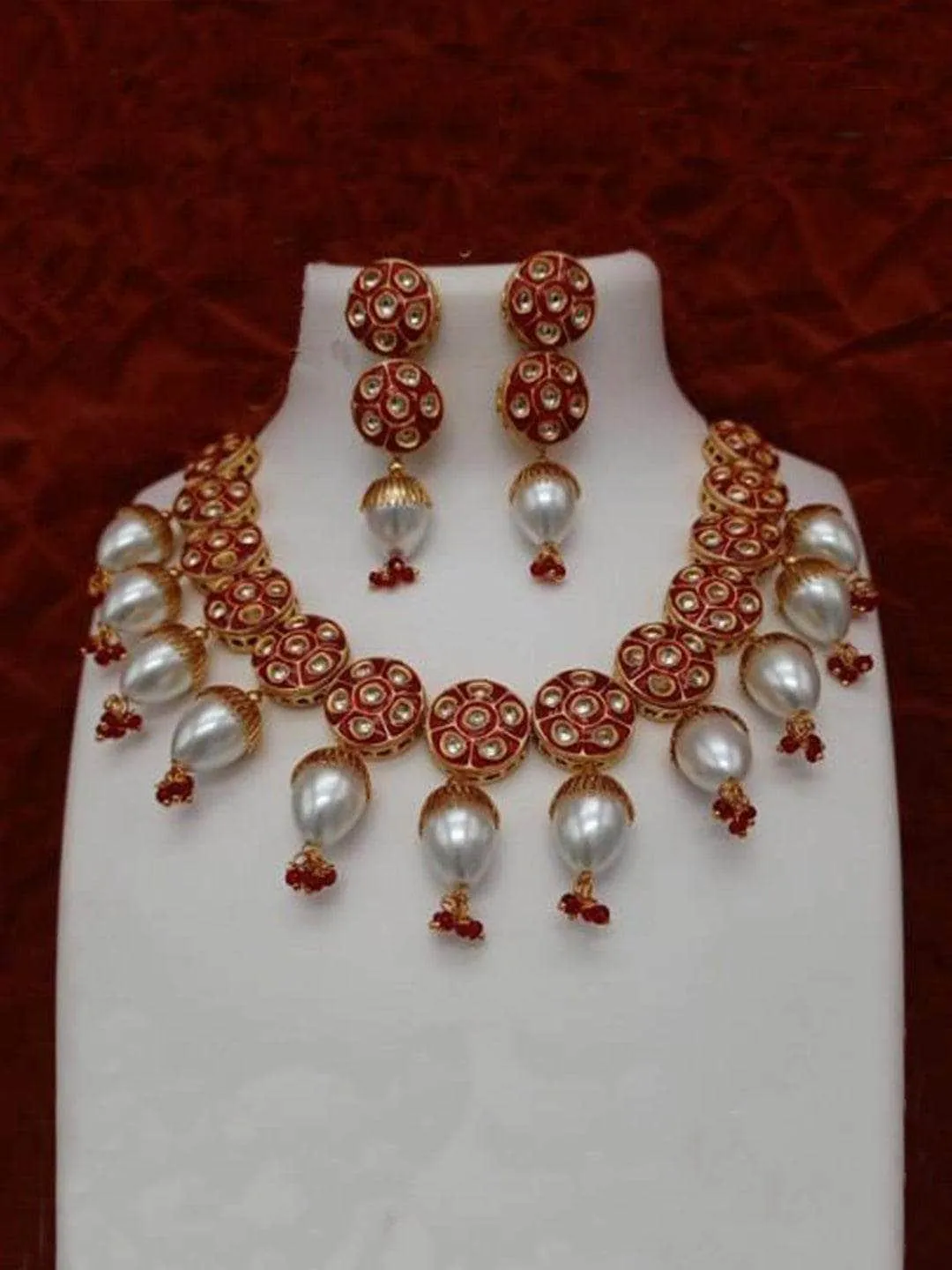 Jadau Meena Pearls Necklace And Earring Set