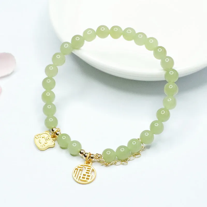 Jade Tiger Tassel Bracelet with Sterling Silver Charm