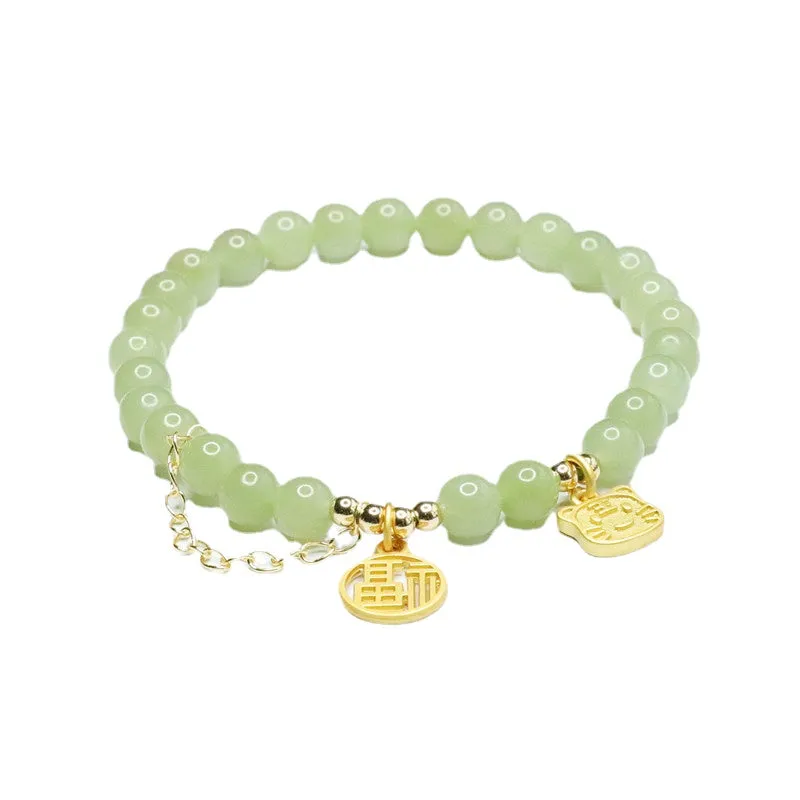 Jade Tiger Tassel Bracelet with Sterling Silver Charm