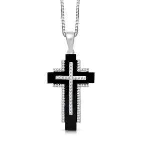 Jewelili Sterling Silver Special Cut Black Onyx and 1/4 CTTW Natural White Round Diamonds Cross Pendant Necklace