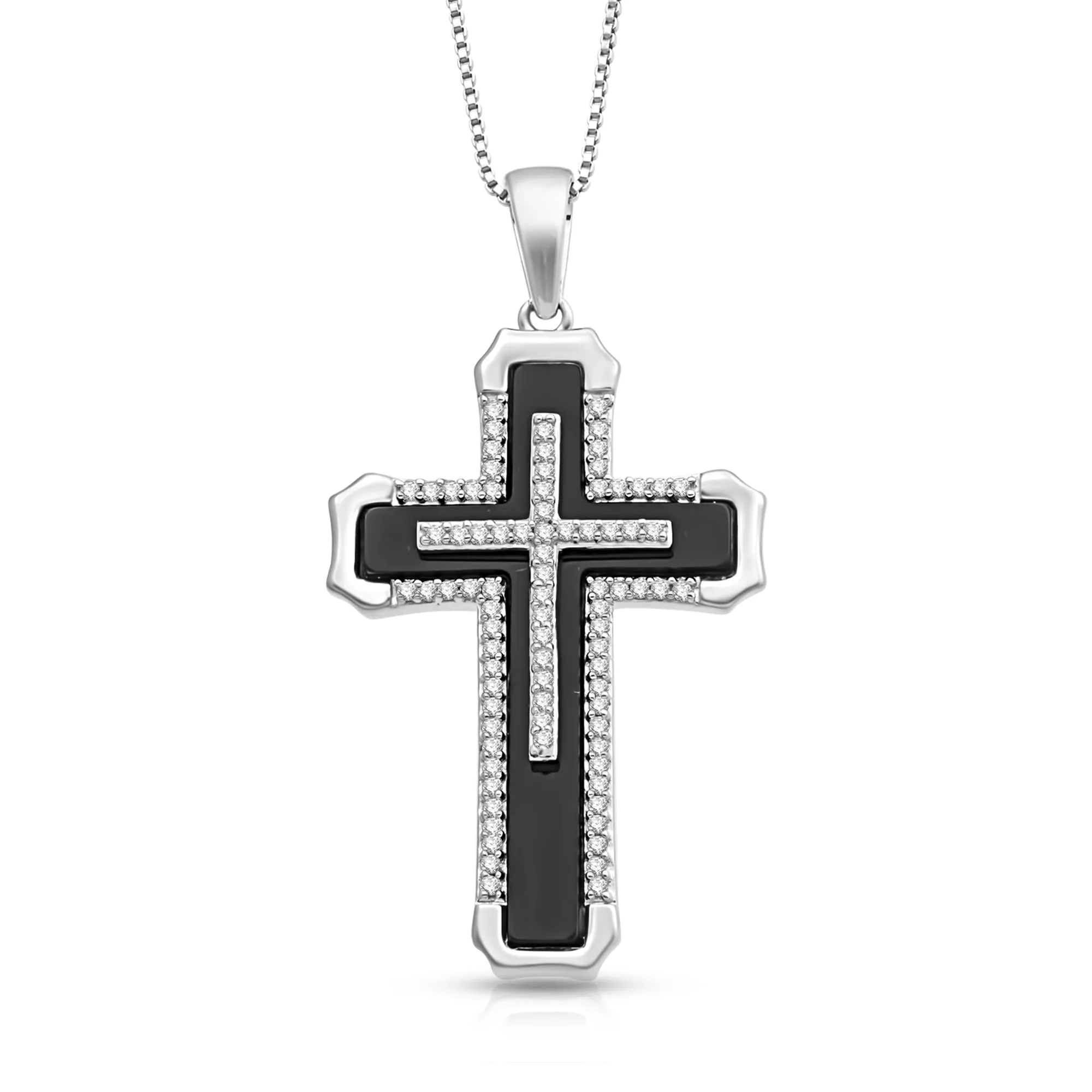 Jewelili Sterling Silver With Black Onyx and 1/4 CTTW Natural White Round Diamonds Men's Cross Pendant Necklace, 18" Box Chain