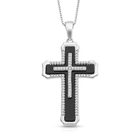 Jewelili Sterling Silver With Black Onyx and 1/4 CTTW Natural White Round Diamonds Men's Cross Pendant Necklace, 18" Box Chain