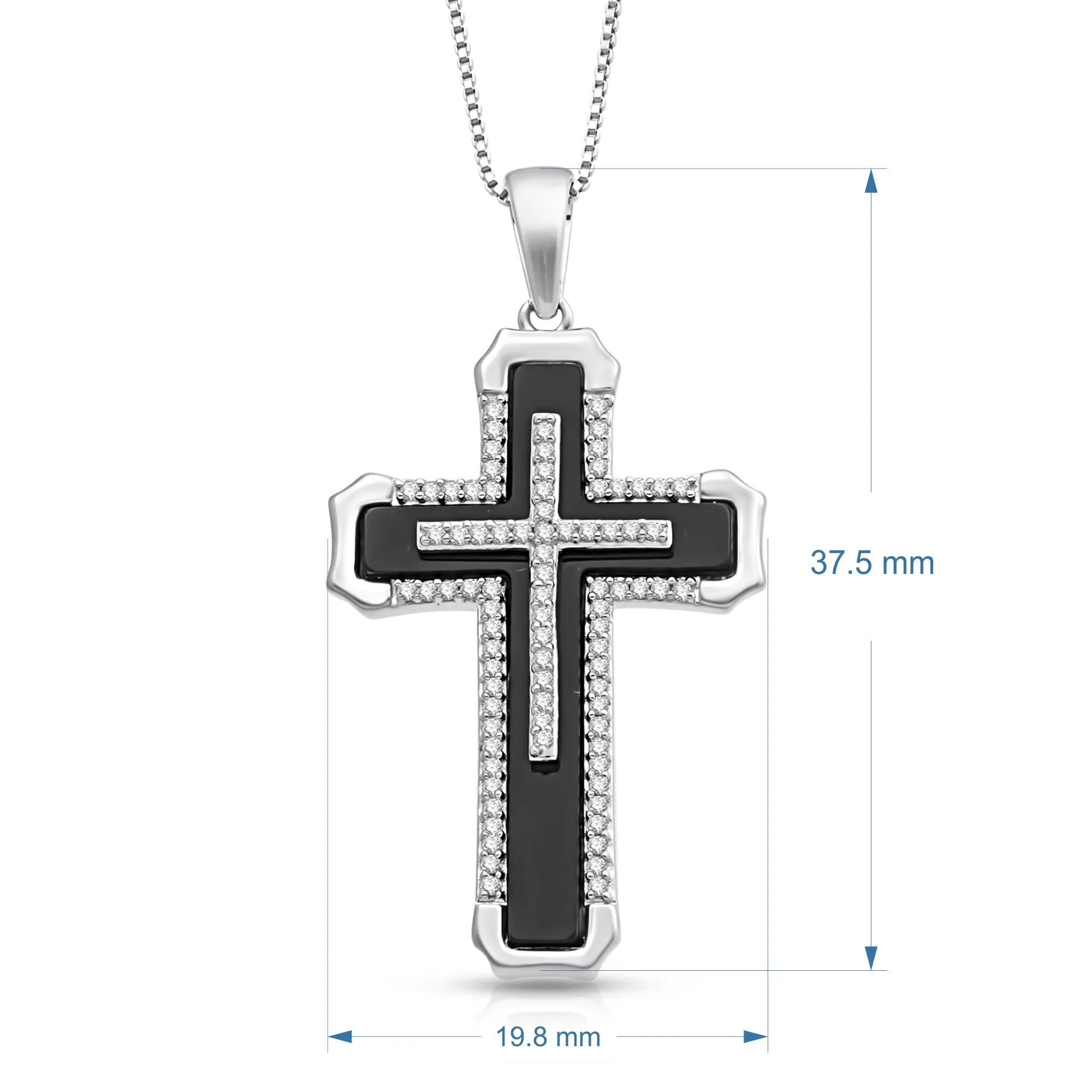 Jewelili Sterling Silver With Black Onyx and 1/4 CTTW Natural White Round Diamonds Men's Cross Pendant Necklace, 18" Box Chain