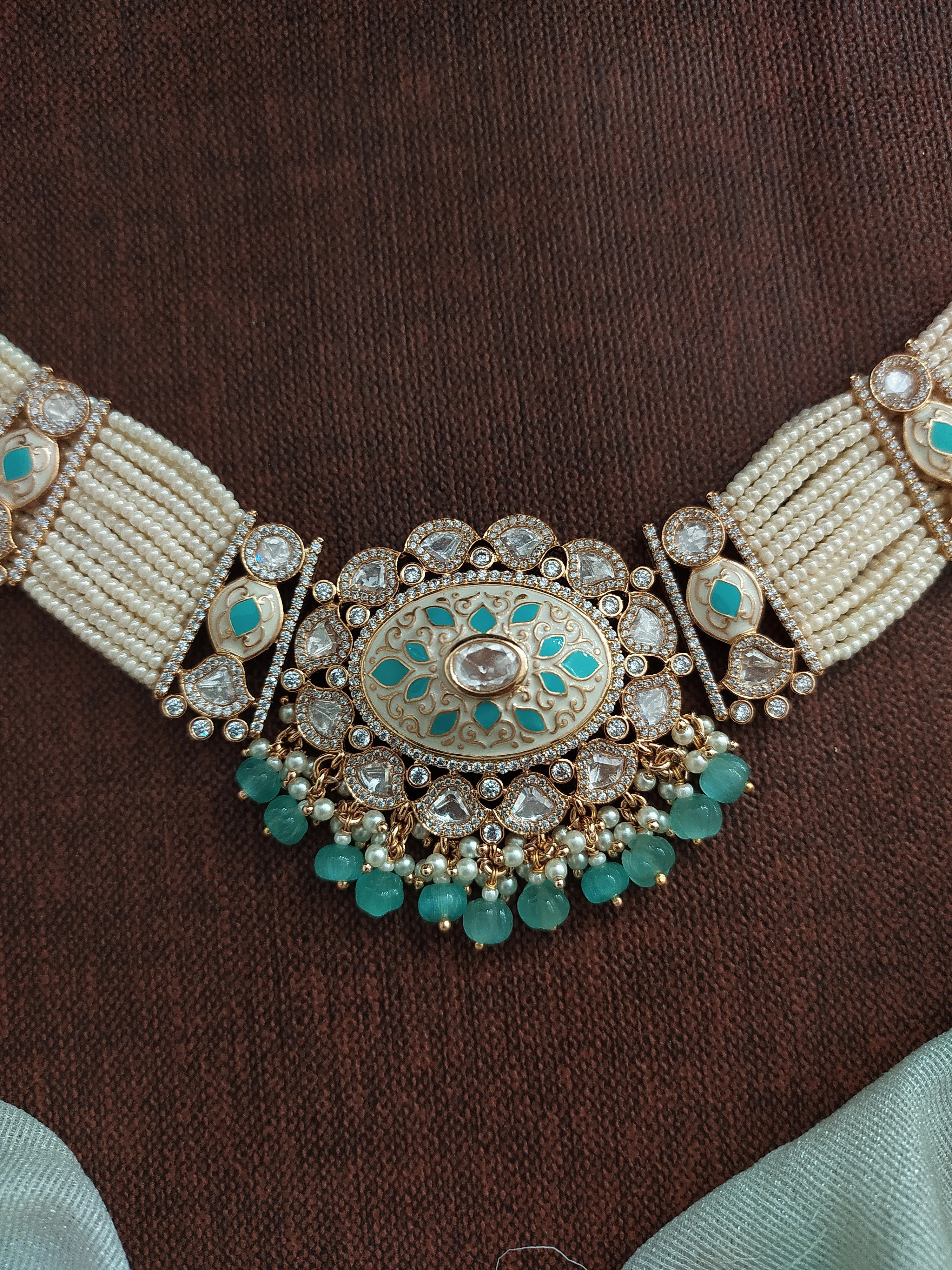 Kundan Mint Shaded Pearls Choker Set with Matching Earrings & Tikka