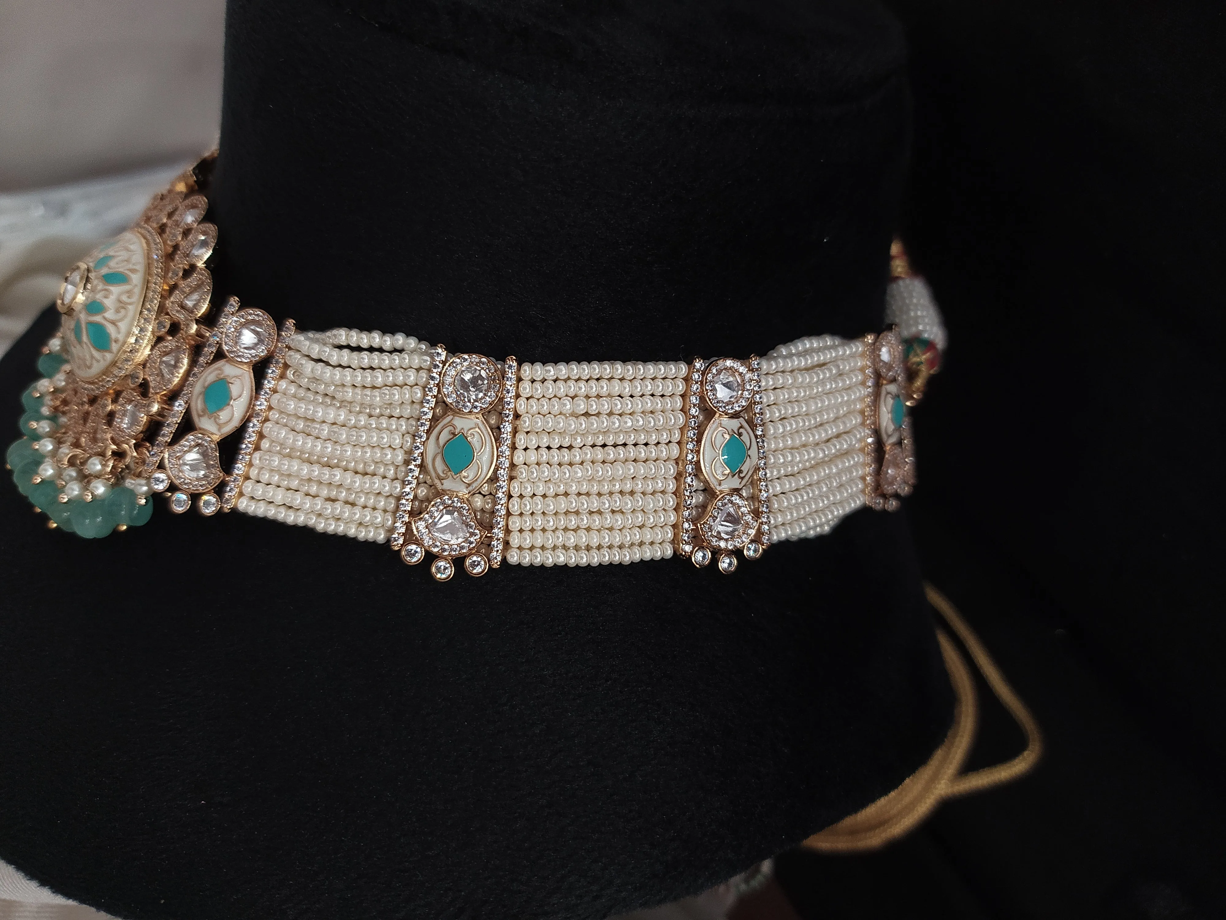 Kundan Mint Shaded Pearls Choker Set with Matching Earrings & Tikka