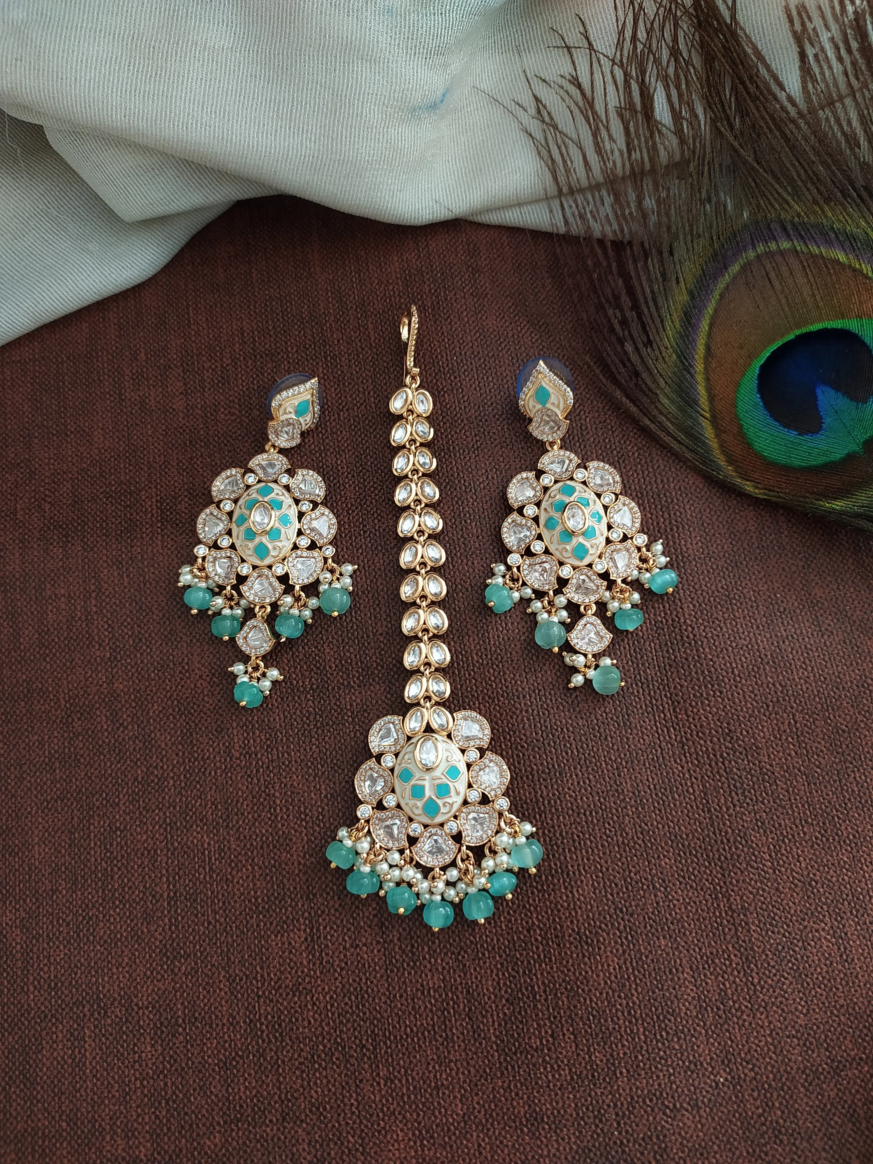 Kundan Mint Shaded Pearls Choker Set with Matching Earrings & Tikka