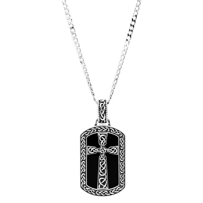 Large Sterling Silver Men’s Onyx Celtic Cross Dog Tag Necklace