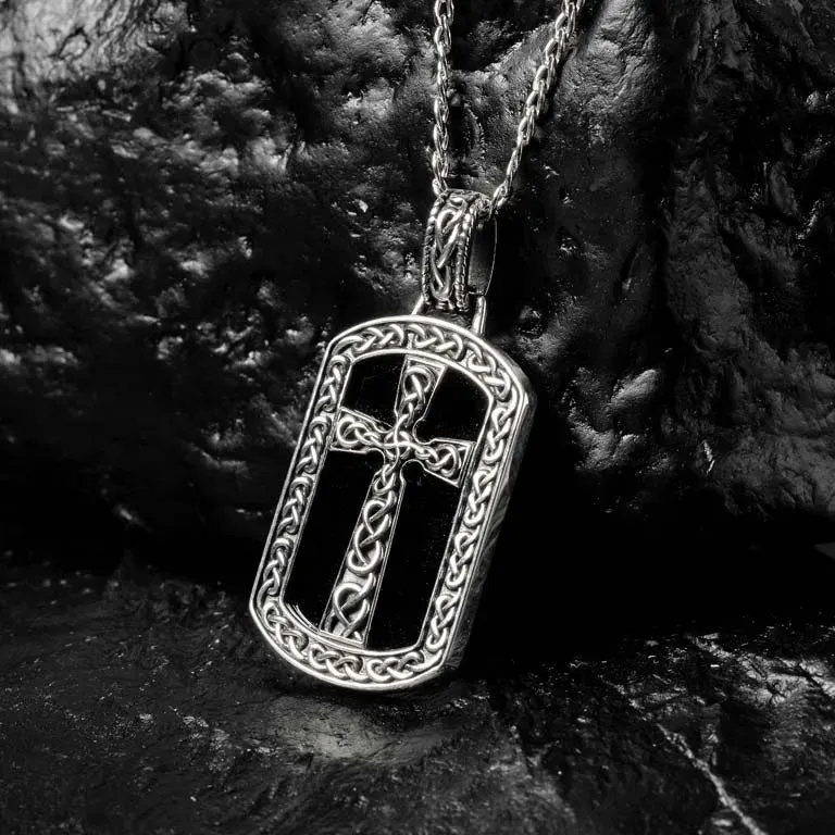 Large Sterling Silver Men’s Onyx Celtic Cross Dog Tag Necklace