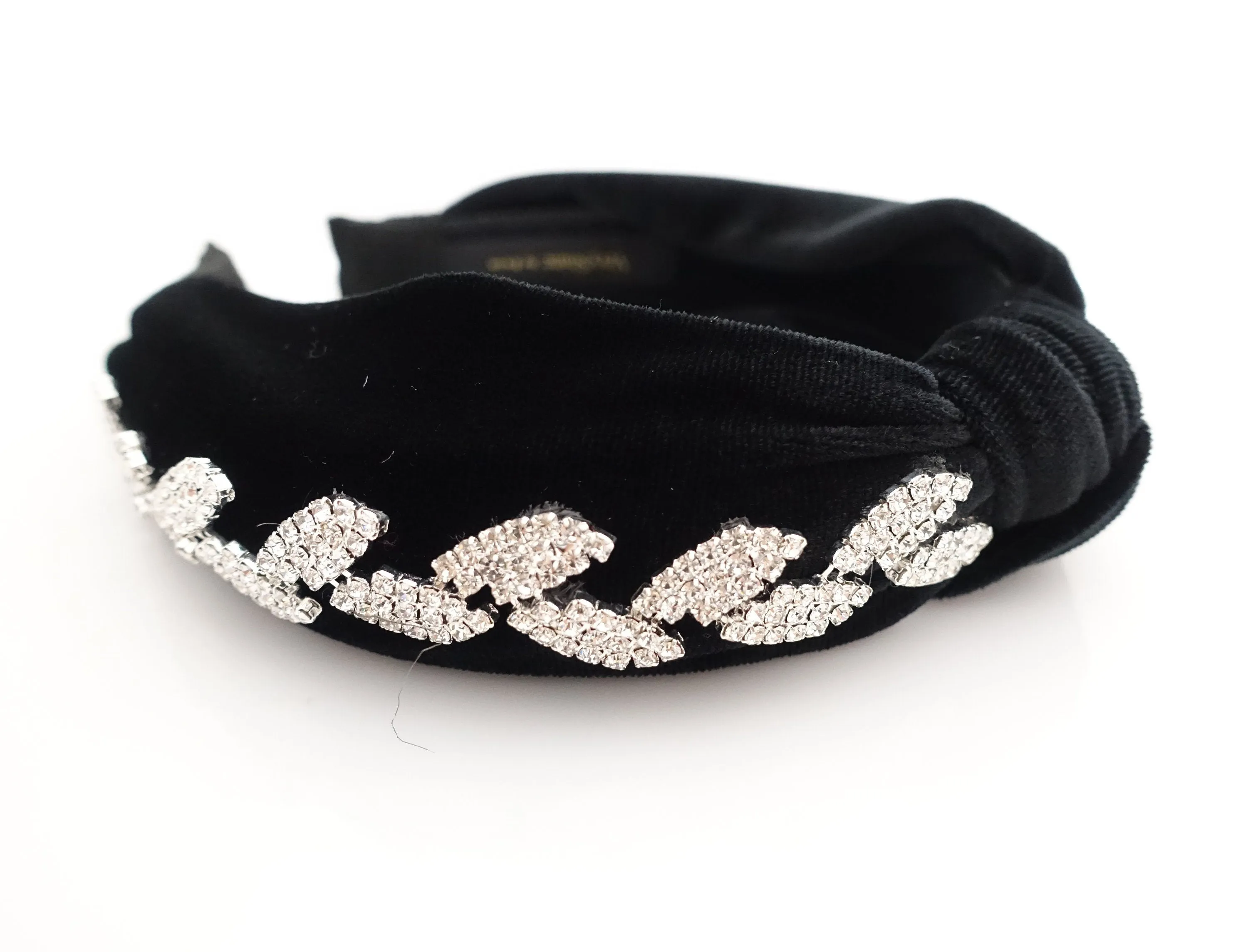 leaf rhinestone embellished  knotted hairband luxury black velvet dazzling womens headband