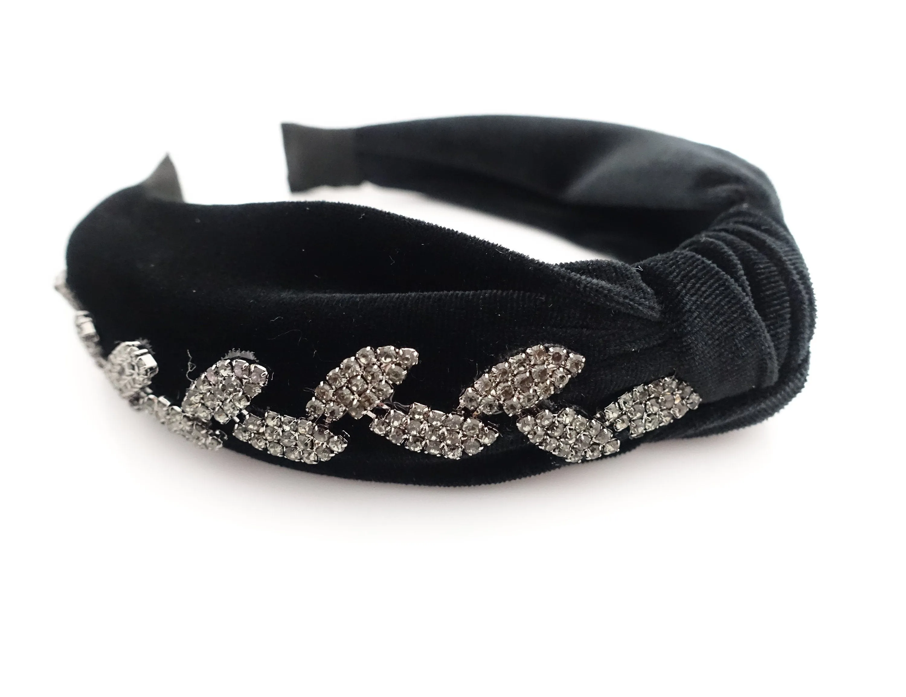 leaf rhinestone embellished  knotted hairband luxury black velvet dazzling womens headband