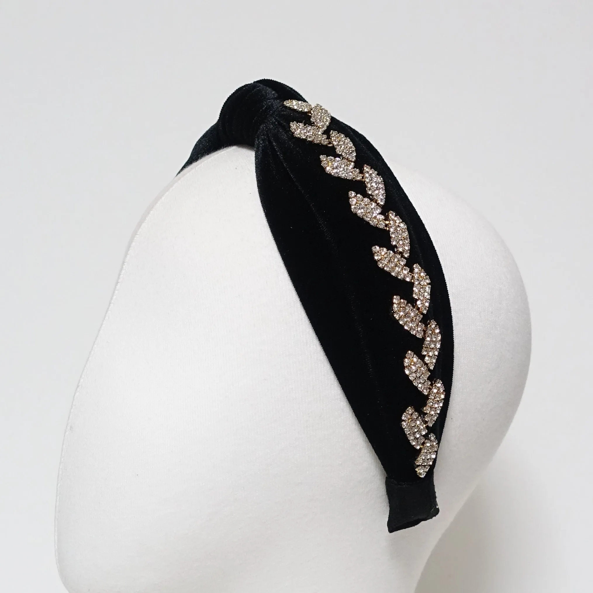 leaf rhinestone embellished  knotted hairband luxury black velvet dazzling womens headband