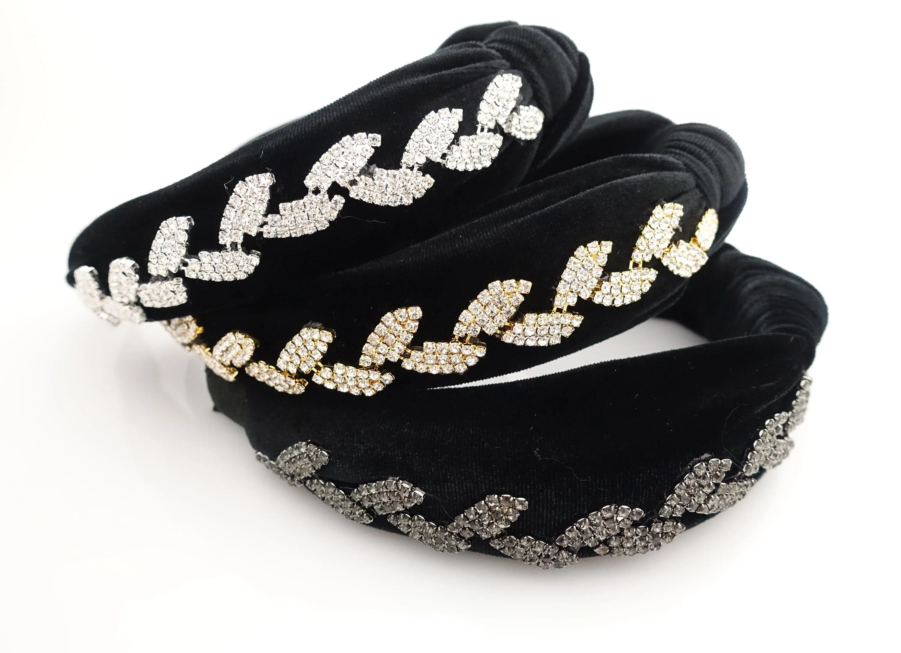 leaf rhinestone embellished  knotted hairband luxury black velvet dazzling womens headband