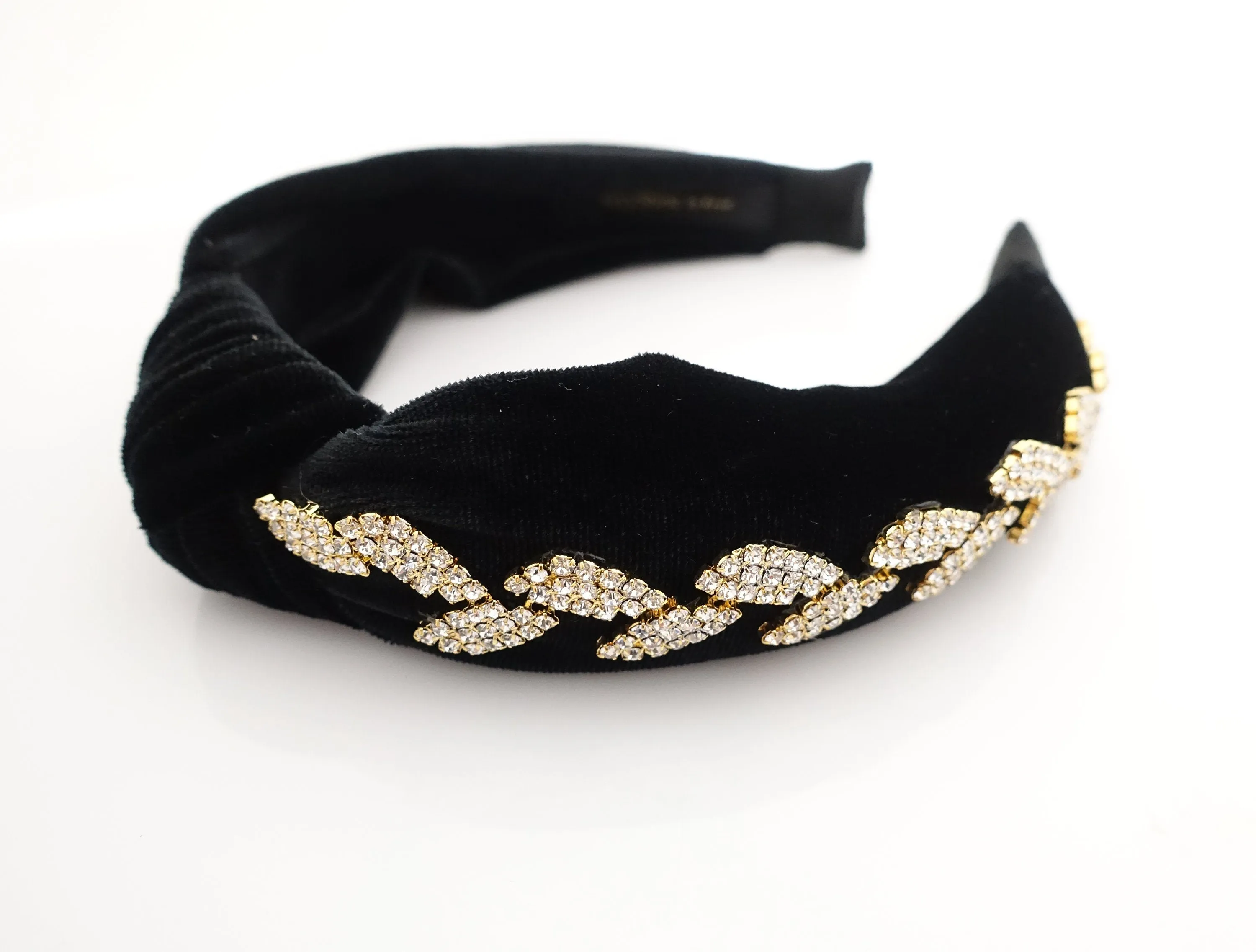 leaf rhinestone embellished  knotted hairband luxury black velvet dazzling womens headband