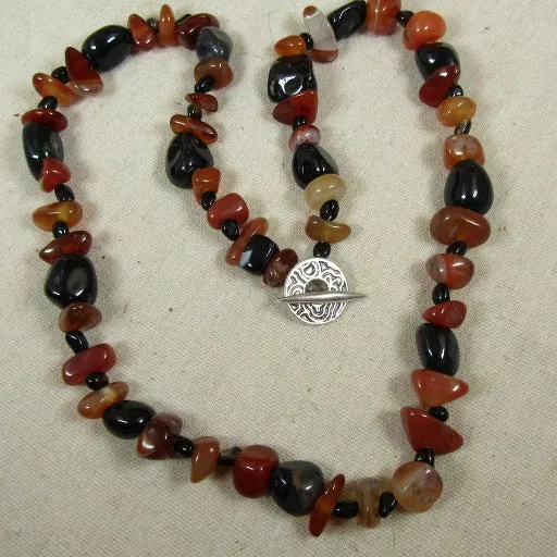 Long Agate & Onyx Gemstone Beaded Necklace