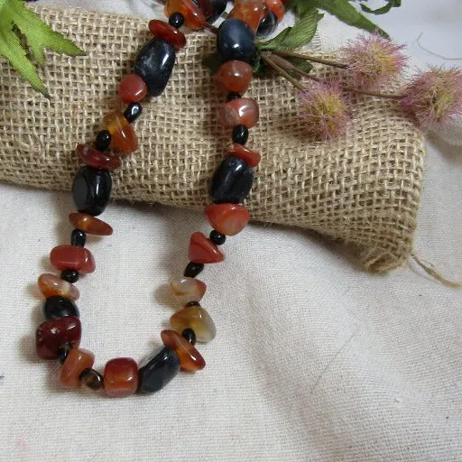 Long Agate & Onyx Gemstone Beaded Necklace