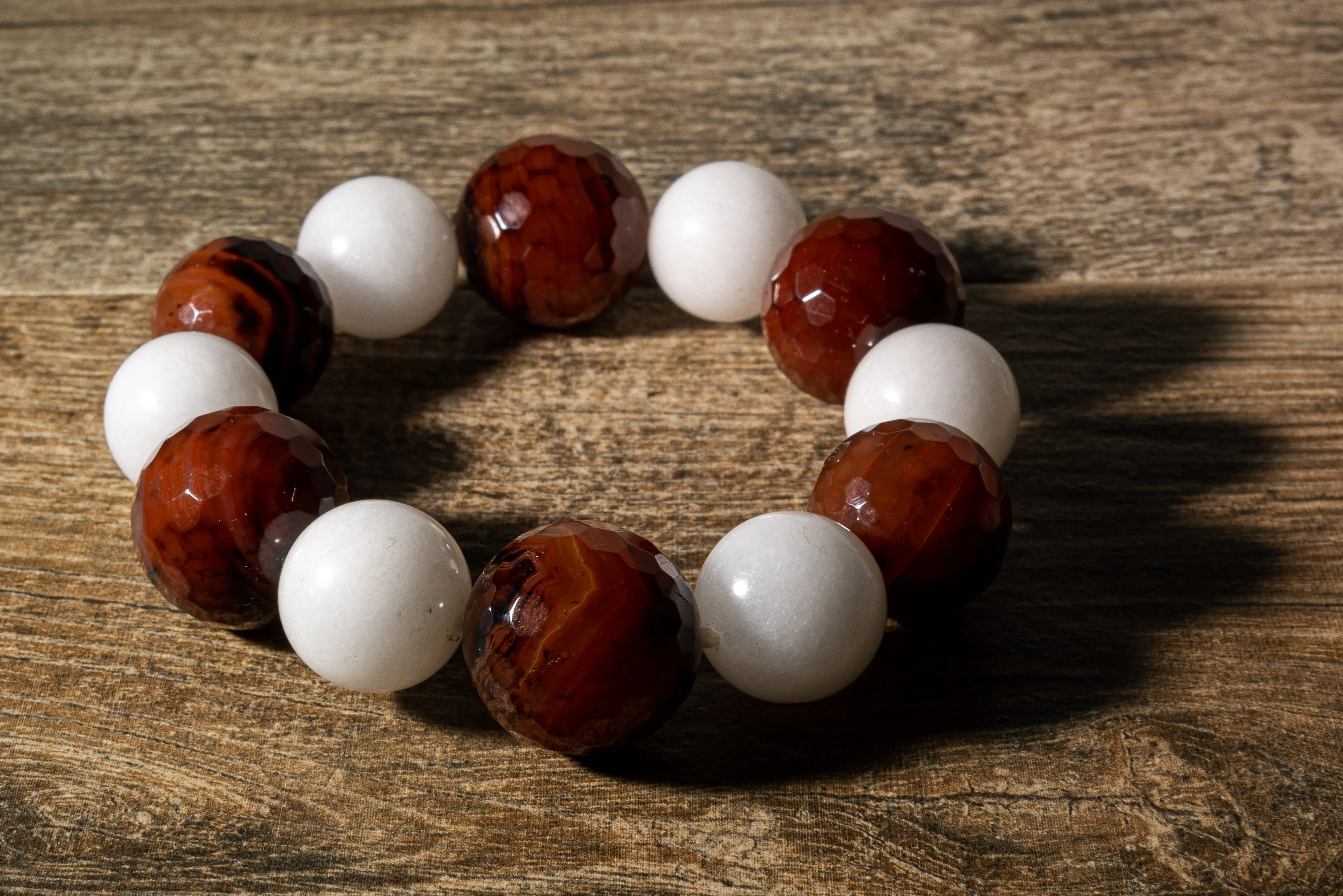 Luxury Faceted Fire Agate & White Jade Natural Gemstone Bracelet