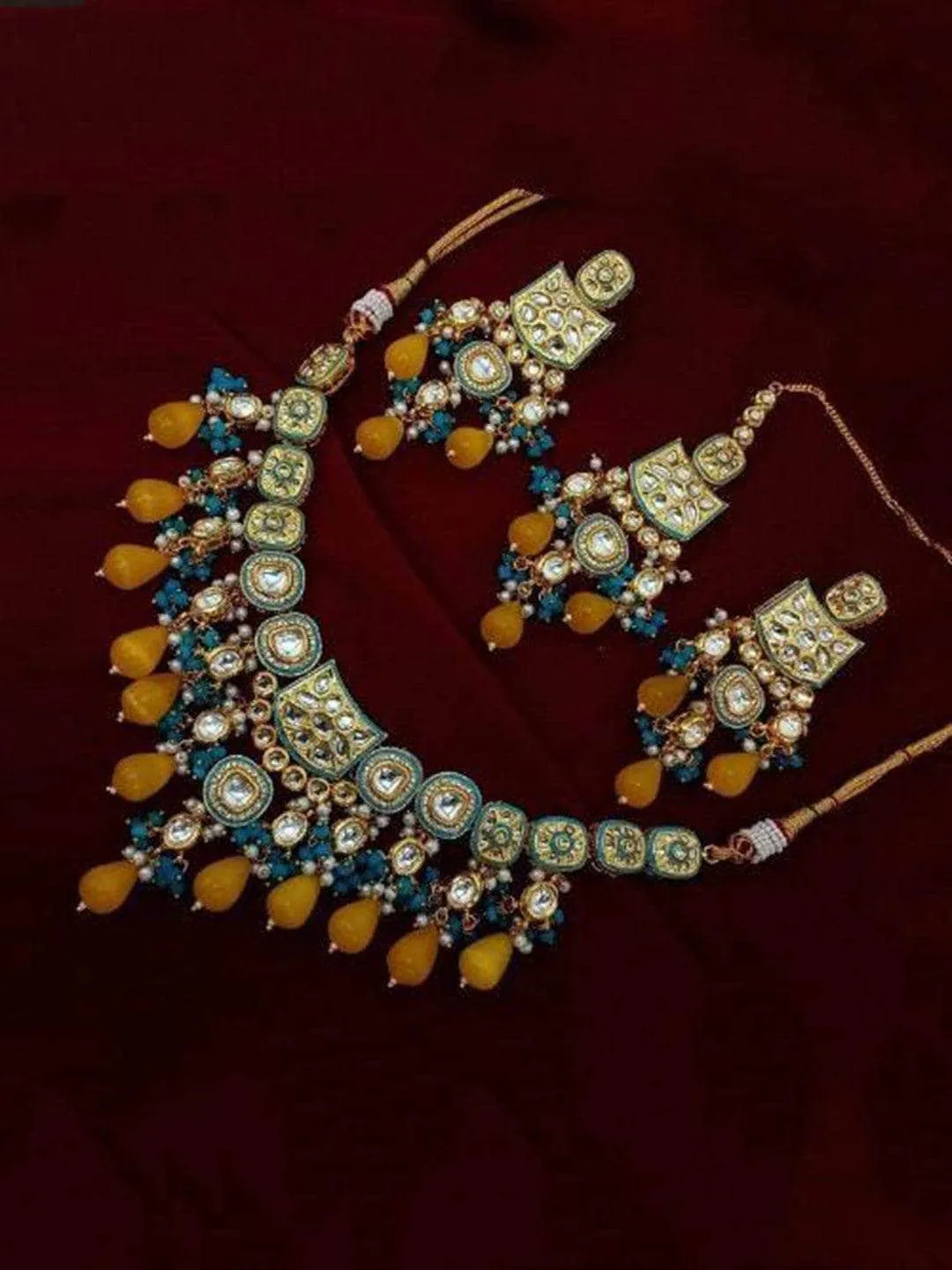 Meena Ad Jadau Kundan Necklace Earring And Teeka Set