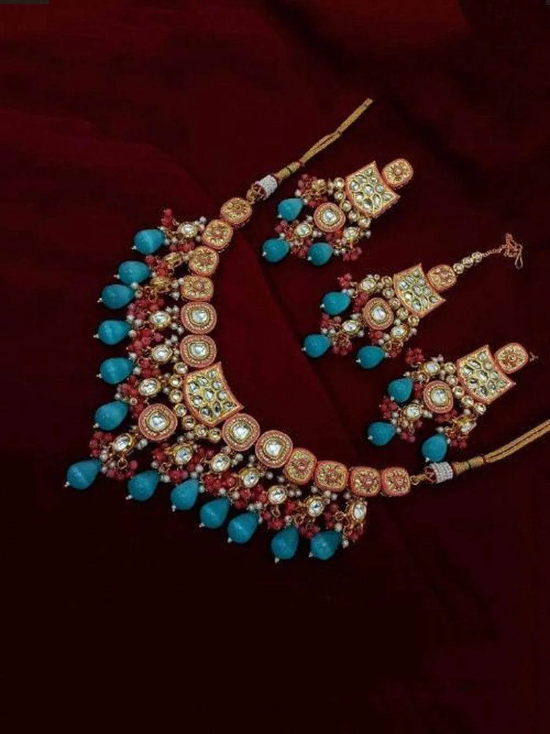 Meena Ad Jadau Kundan Necklace Earring And Teeka Set