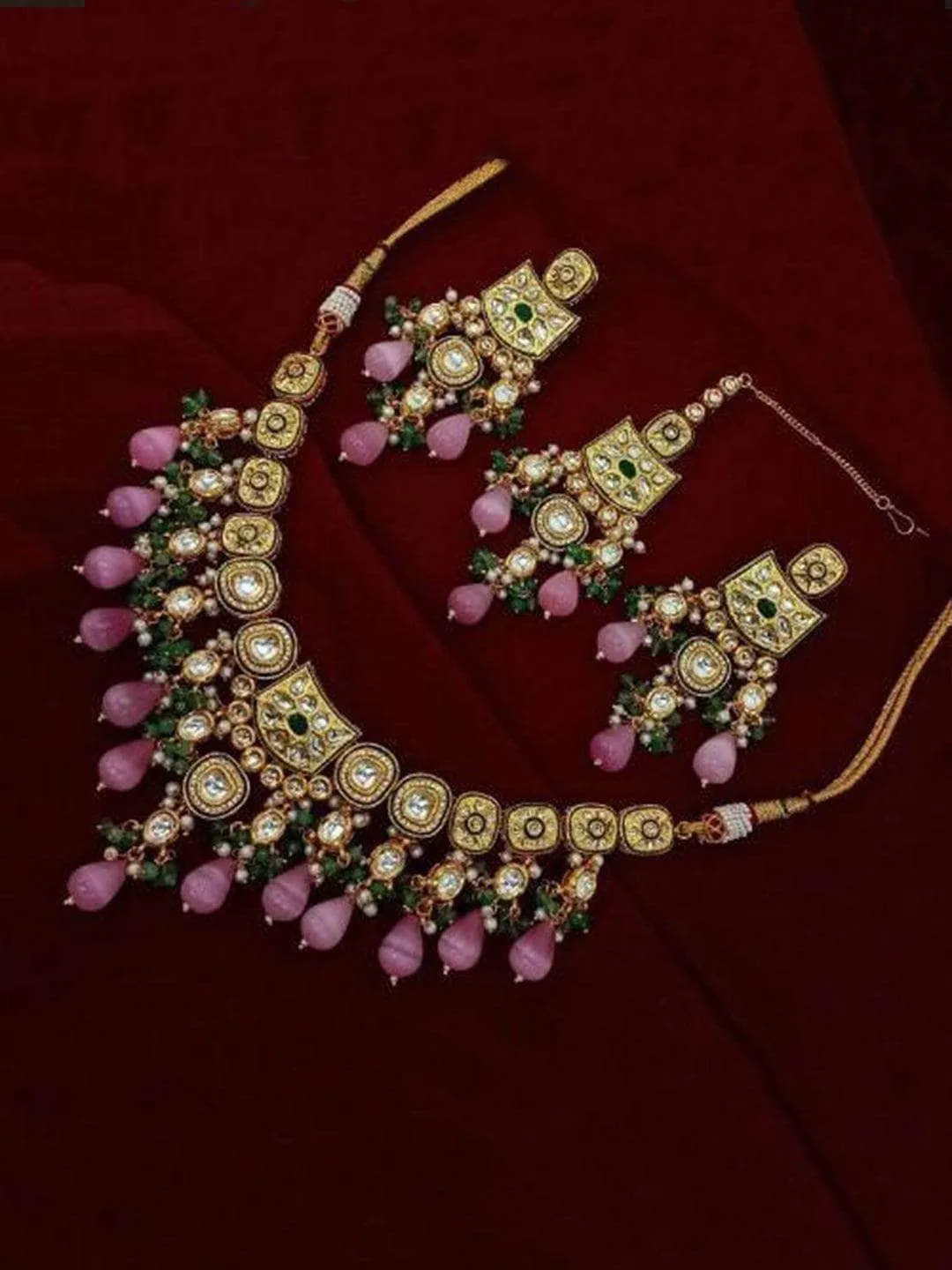 Meena Ad Jadau Kundan Necklace Earring And Teeka Set