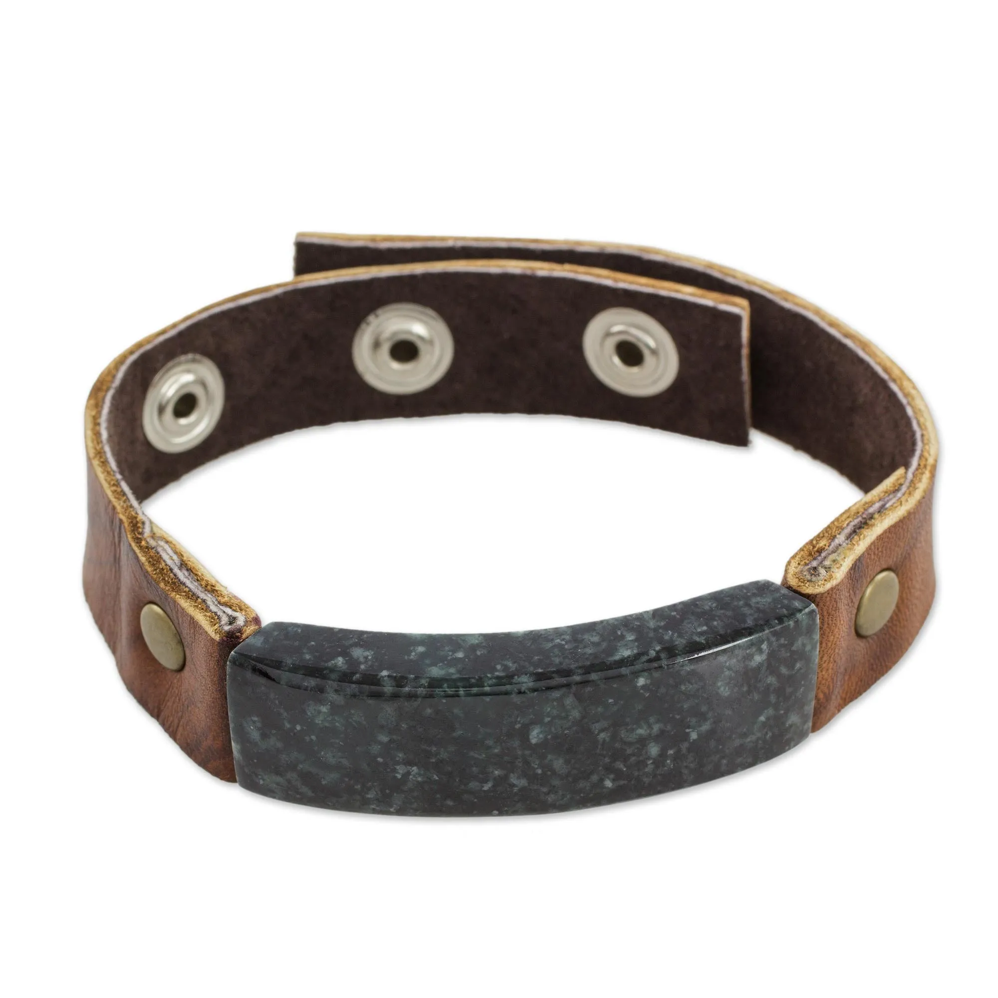 Men's Leather Wristband Bracelet with Dark Green Jade - Dark Green Maya Fortress | NOVICA