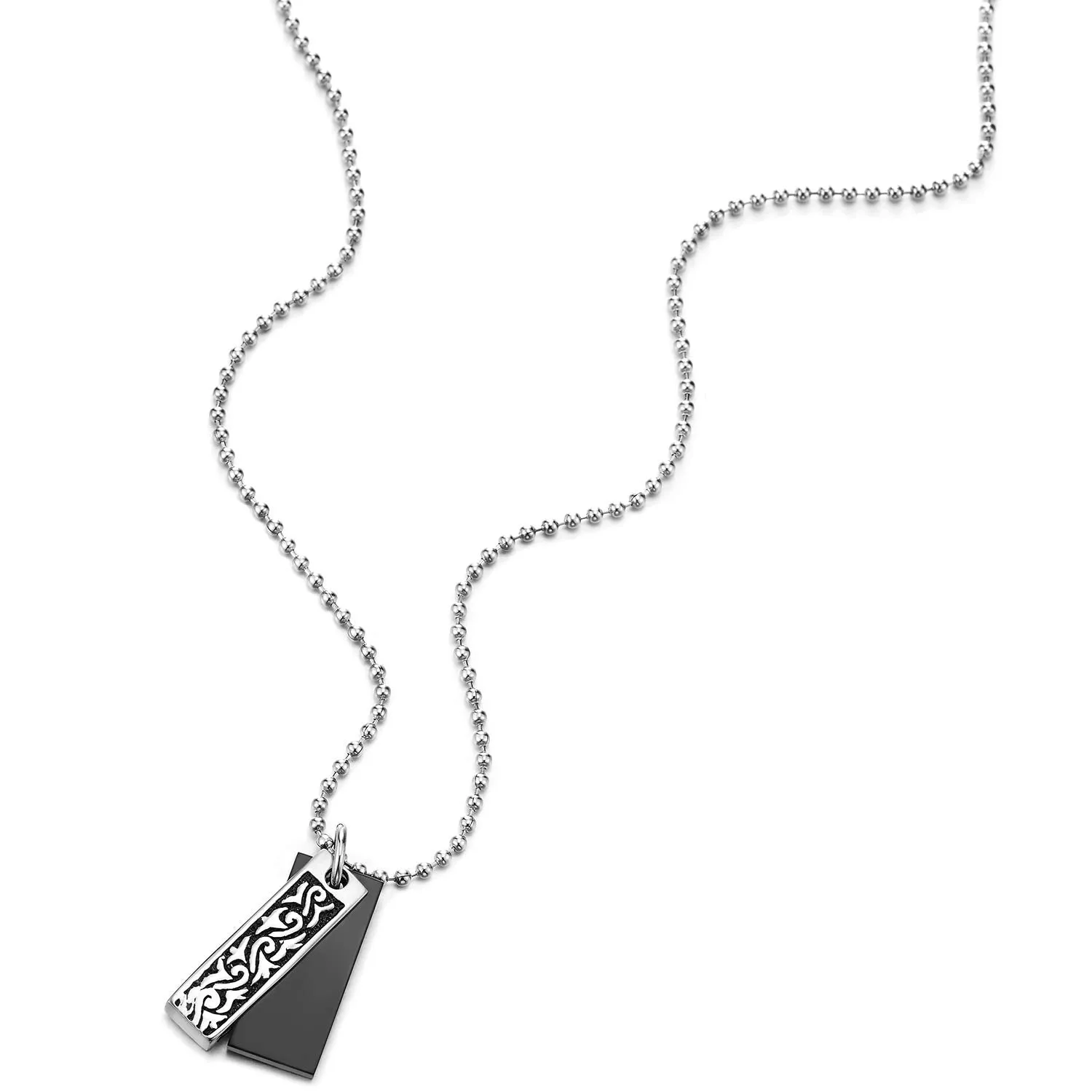 Mens Women Steel Two-Pieces Tribal Tattoo Pattern Rectangle Dog Tag Pendant Necklace, Silver Black