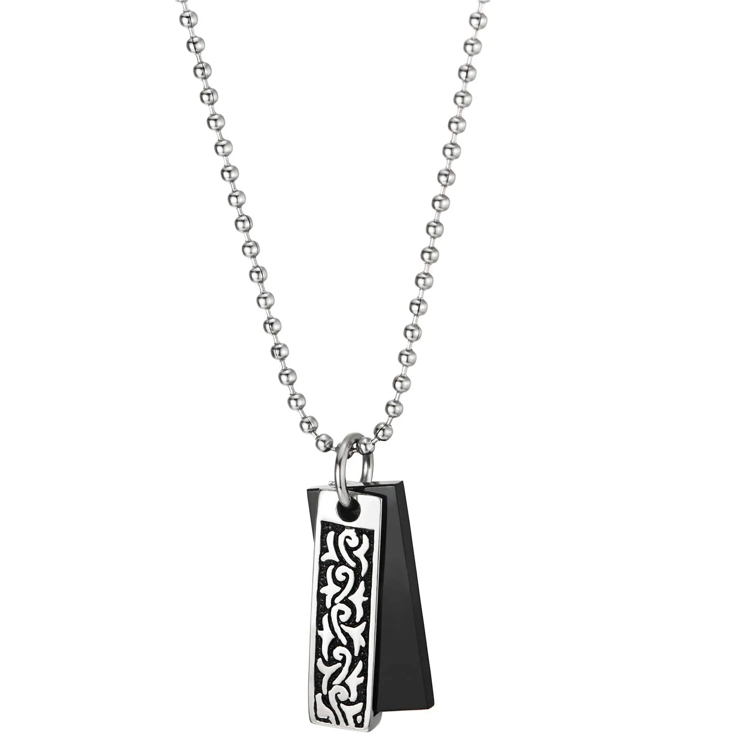 Mens Women Steel Two-Pieces Tribal Tattoo Pattern Rectangle Dog Tag Pendant Necklace, Silver Black