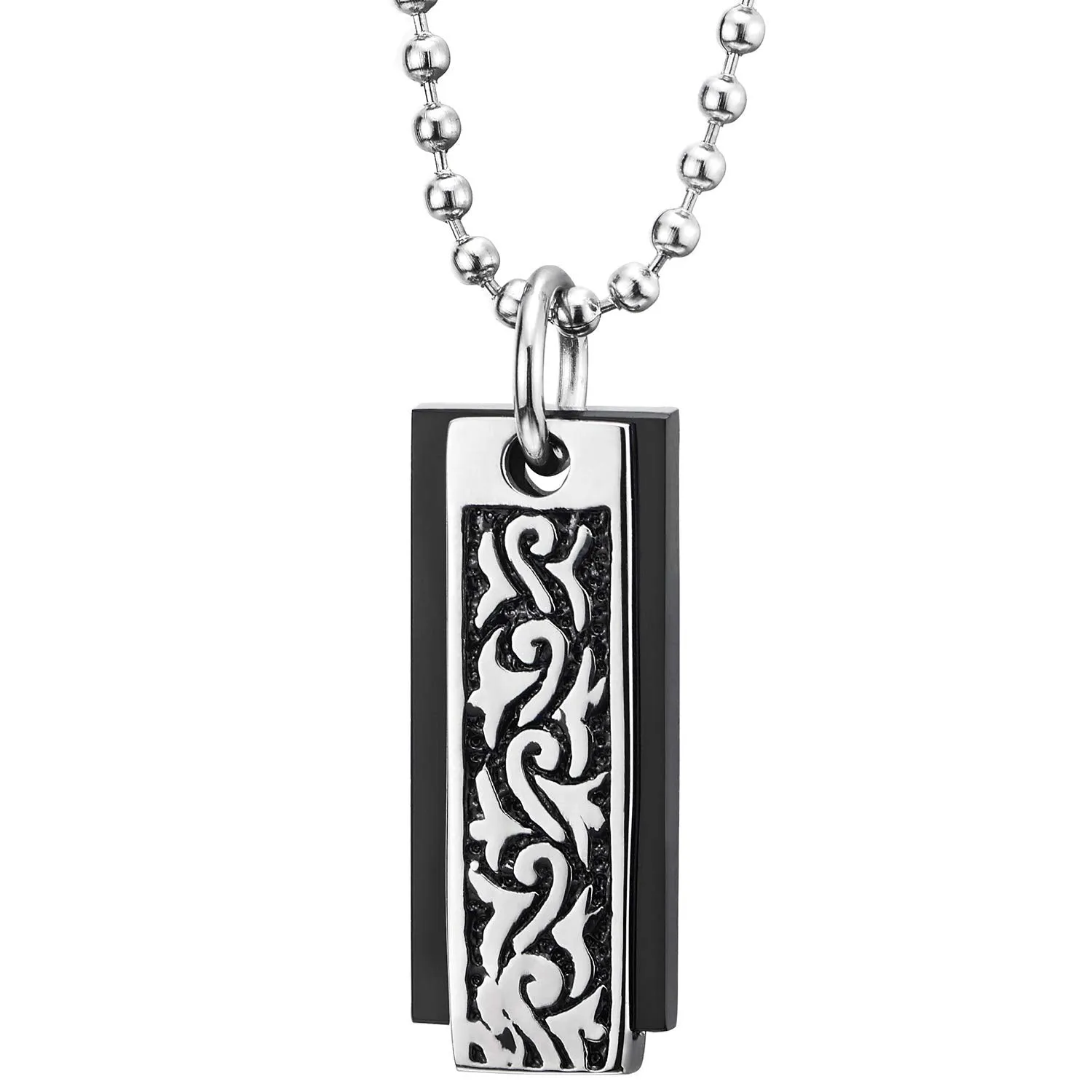 Mens Women Steel Two-Pieces Tribal Tattoo Pattern Rectangle Dog Tag Pendant Necklace, Silver Black