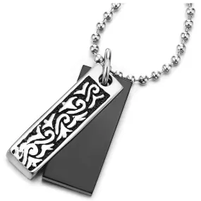 Mens Women Steel Two-Pieces Tribal Tattoo Pattern Rectangle Dog Tag Pendant Necklace, Silver Black