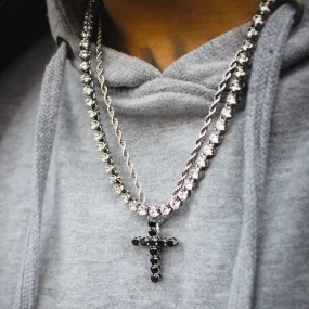 Micro Onyx Cross Necklace Pendant & Rope Chain White Gold