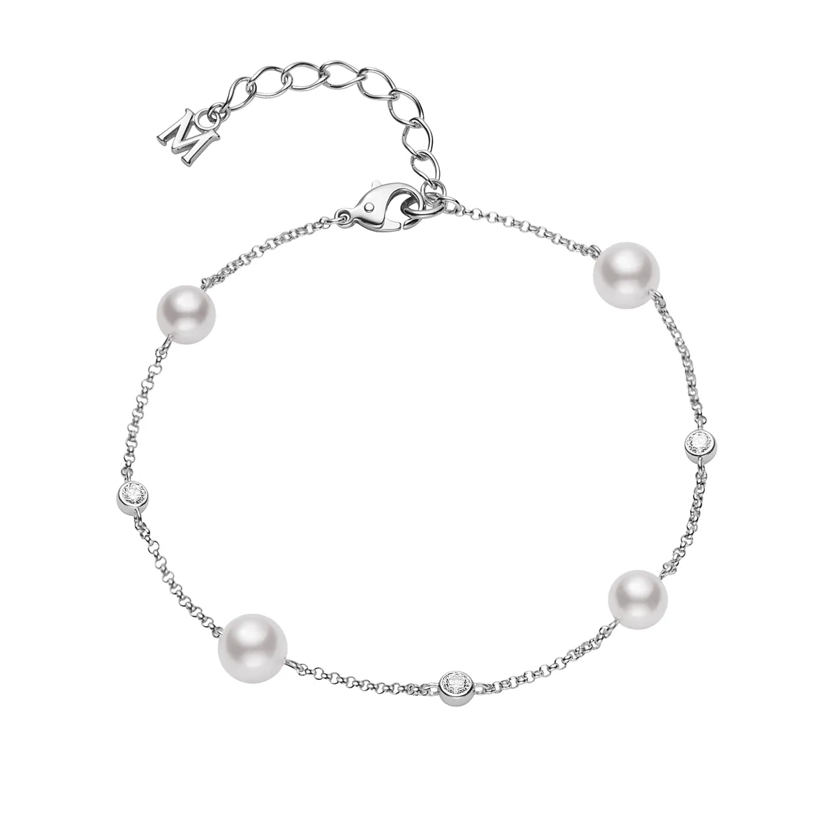 Mikimoto 18K White Gold Station Akoya Pearl & Diamond Bracelet